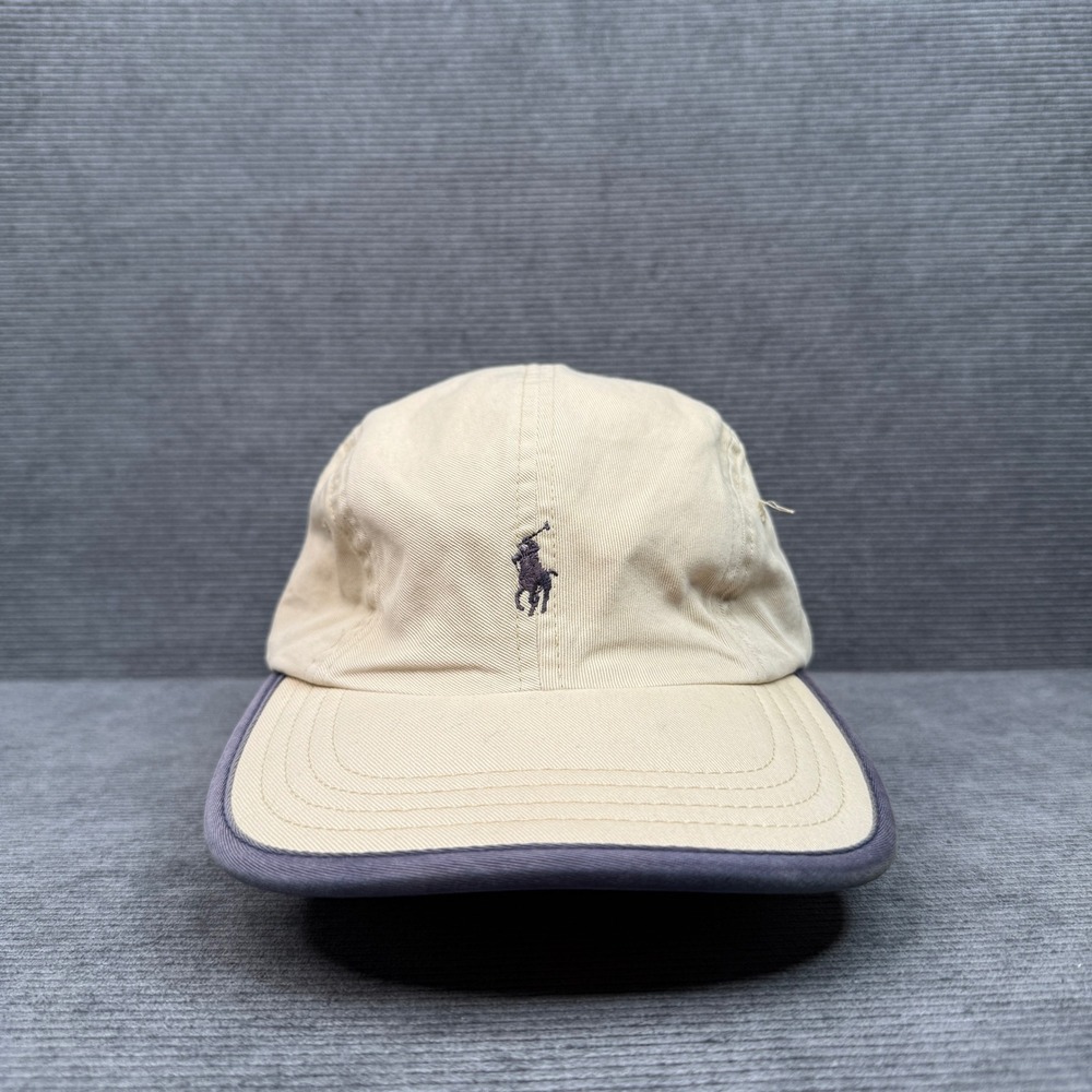 Polo Ralph Lauren Tan Cotton Baseball Cap Navy Pony Logo Grey Trim Hat Y2k